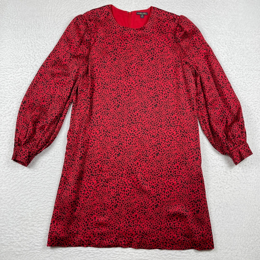 Brooks Brothers Shift Dress Womens 14 Red Leopard Print Puff Sleeve Viscose Mini